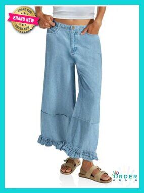 Ruffle Wide Leg Cropped Jeans High Waisted Baggy Denim Pants with Pockets